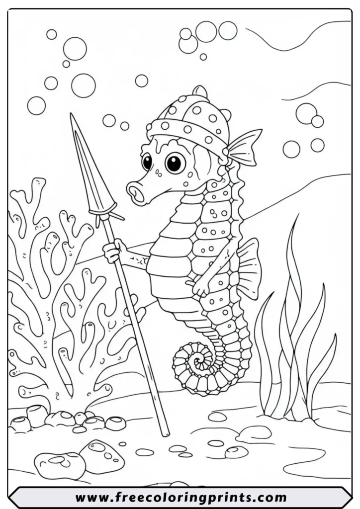 A funny cartoon seahorse wearing a helmet and holding a spear like a knight. A creative sea animals coloring page