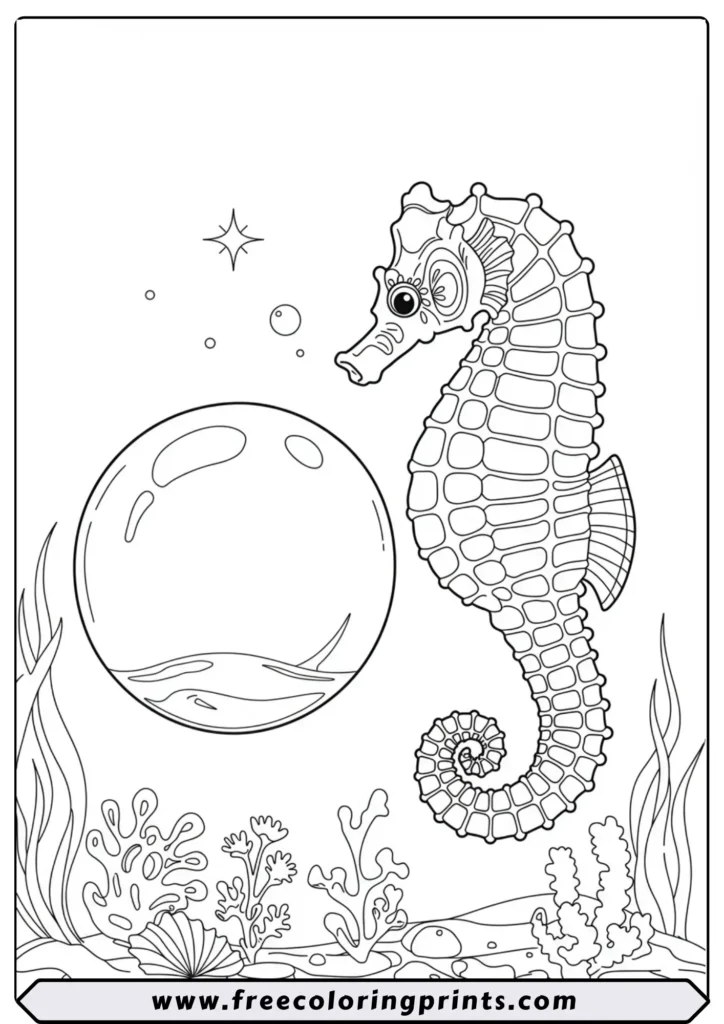 A beautiful seahorse looking at its own reflection in a large bubble. A magical sea creature coloring page