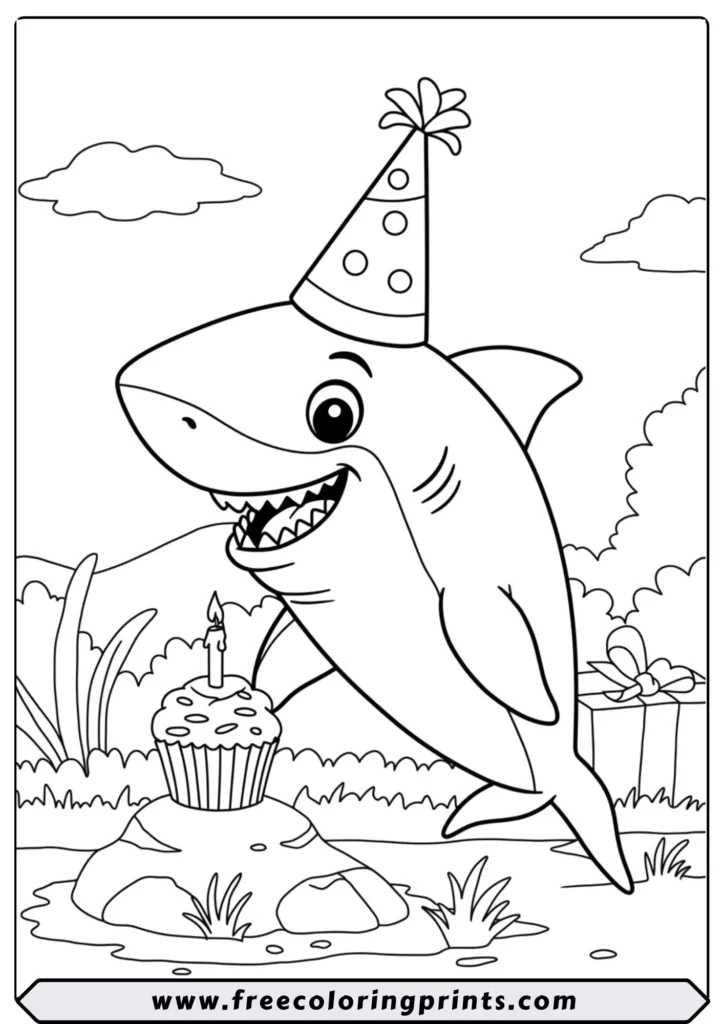 A cute cartoon shark wearing a party hat and looking at a birthday cupcake. A fun ocean coloring picture for kids