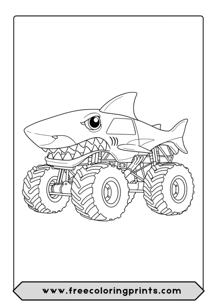 A cool monster truck coloring page designed to look like a shark with a fin and teeth