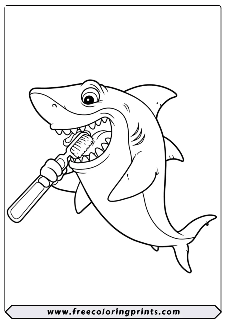 A funny cartoon shark brushing its large teeth with a toothbrush. A silly and cute sea creatures coloring page