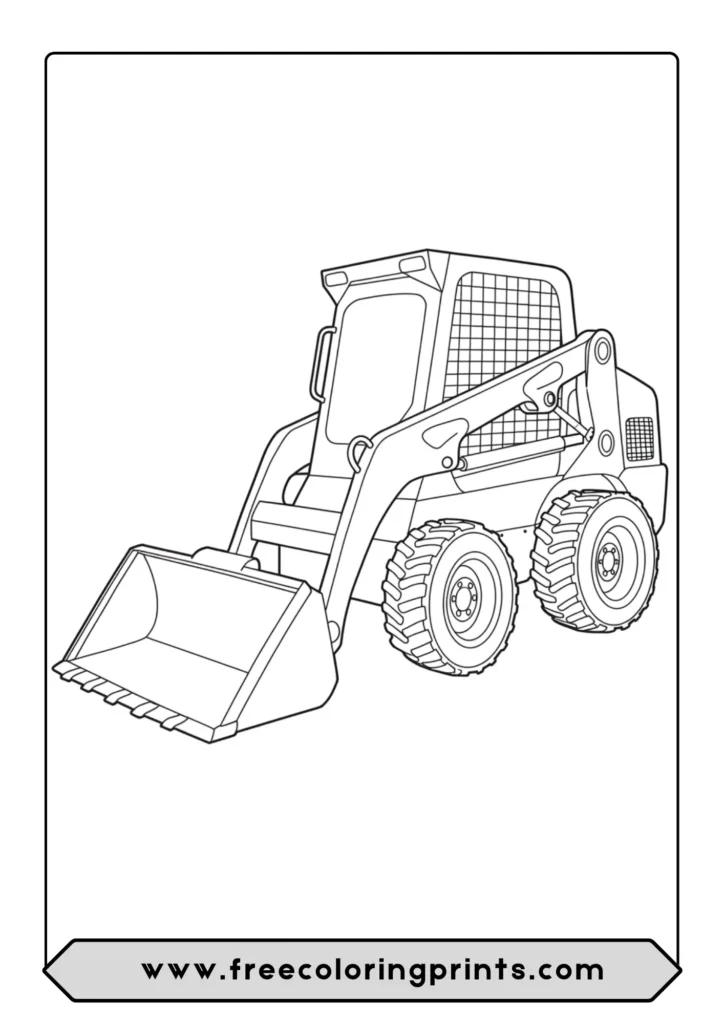 A coloring page of a compact skid steer loader, a versatile construction vehicle
