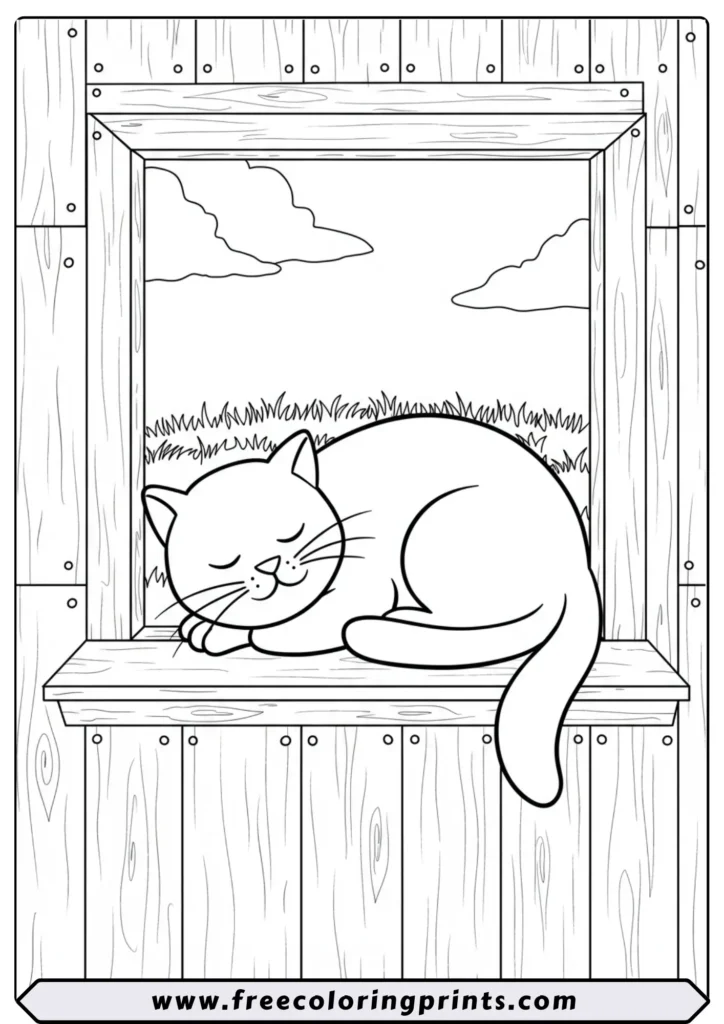 Sleepy Cat in the Barn Window - coloring pages