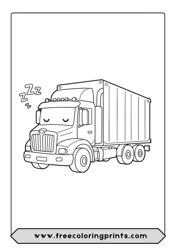 A cute cartoon semi truck coloring page with closed eyes and 'Zzz' bubbles