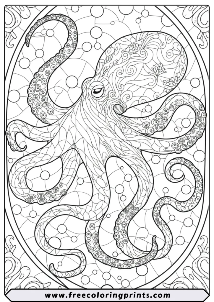 A beautiful stained-glass window design of a large octopus with swirling tentacles. A detailed ocean life coloring page