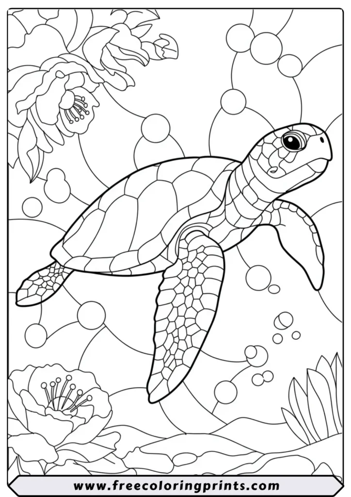 A beautiful stained-glass window design of a sea turtle swimming. A detailed sea life coloring page for adults