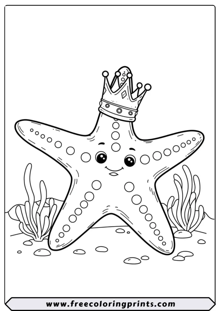 A cute cartoon starfish wearing a royal crown on its head. An easy ocean coloring page for kids