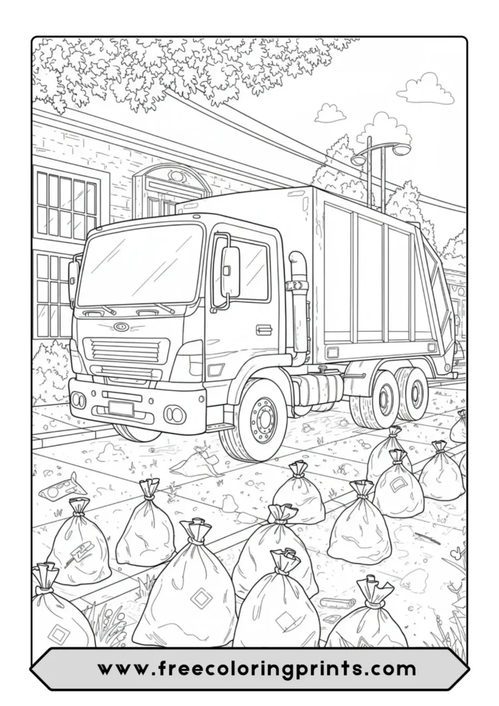 A coloring page of a garbage truck collecting trash bags from a city street