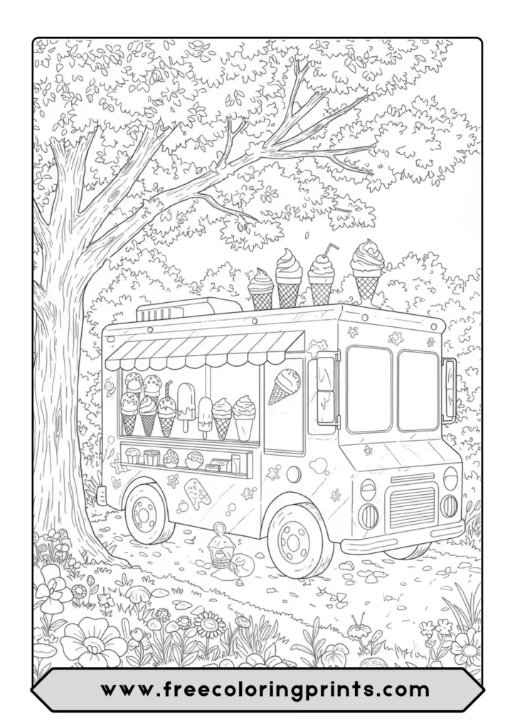 A coloring page of an ice cream truck parked in a beautiful summer forest clearing