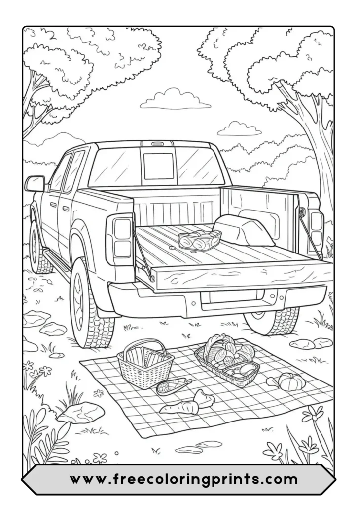 A coloring page of a pickup truck with its tailgate down, ready for a picnic in the woods