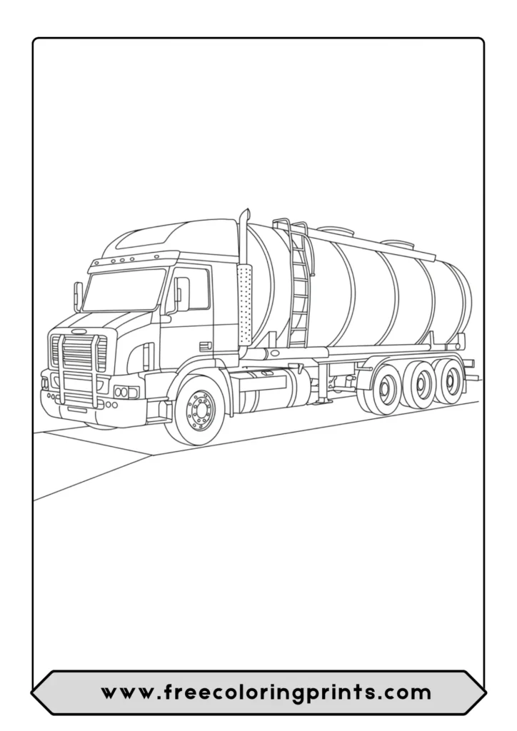 Line drawing of a long tanker truck ready for coloring