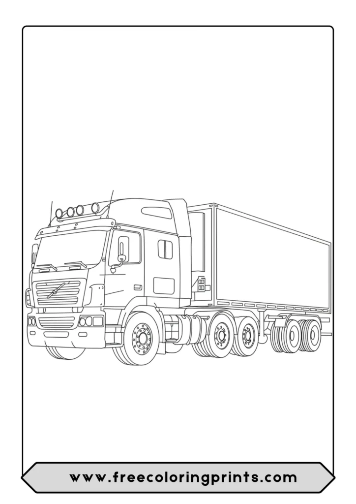 A coloring page of a classic 18-wheeler truck with a long box trailer