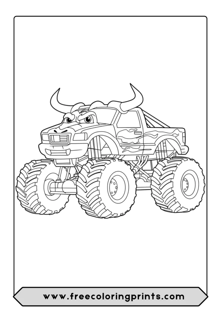 A powerful monster truck coloring page designed to look like a bull with large horns