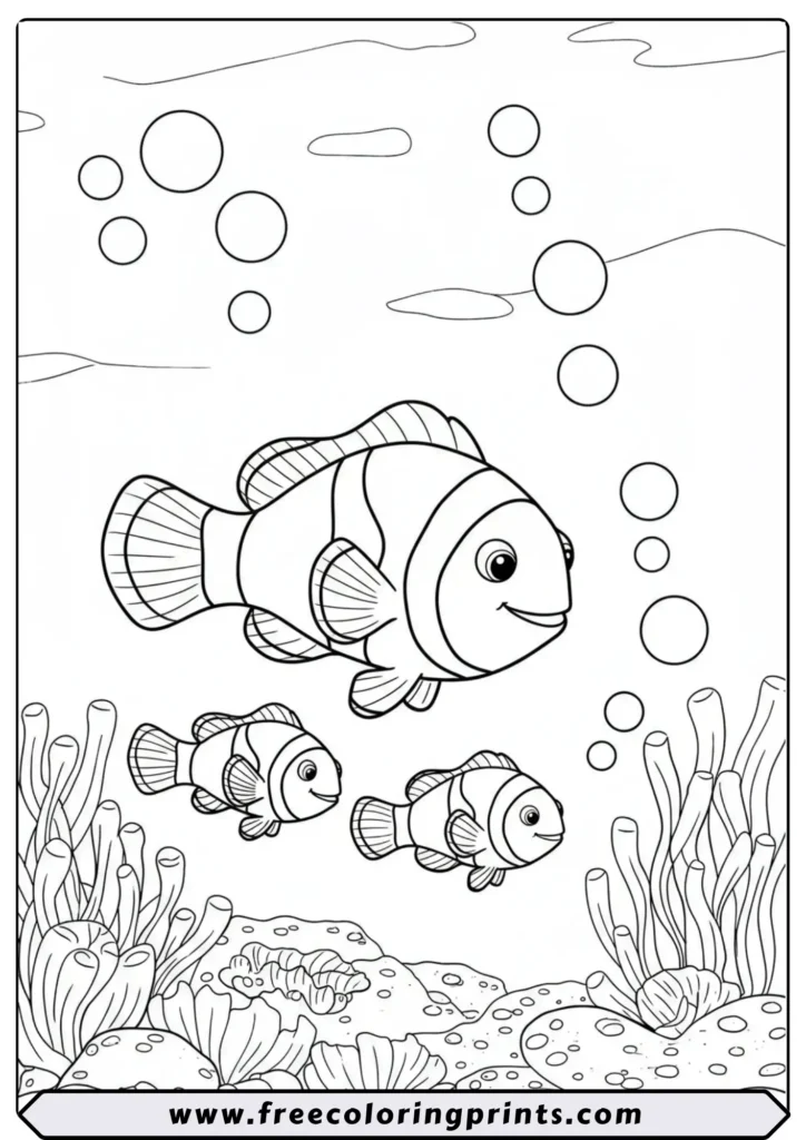 A family of clownfish, with a large parent and two small babies, swimming underwater. One of our many free printable ocean coloring pages