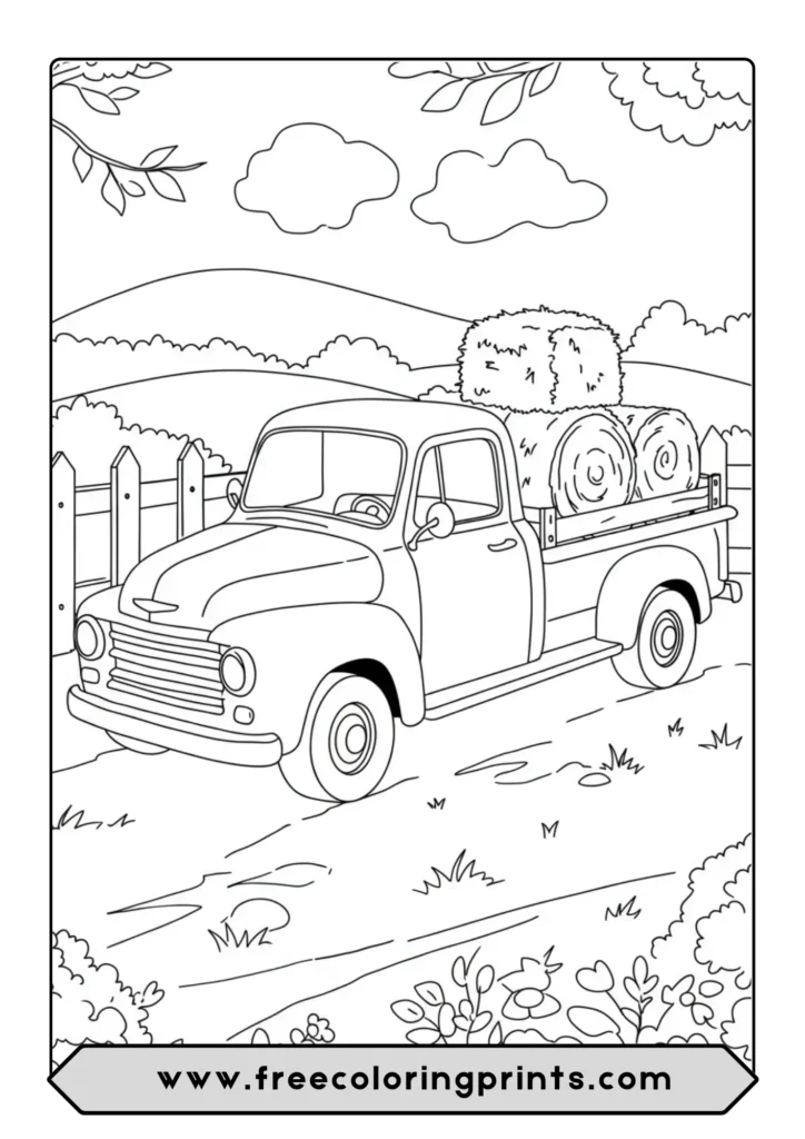 A coloring page of a classic old farm truck with hay bales in the back