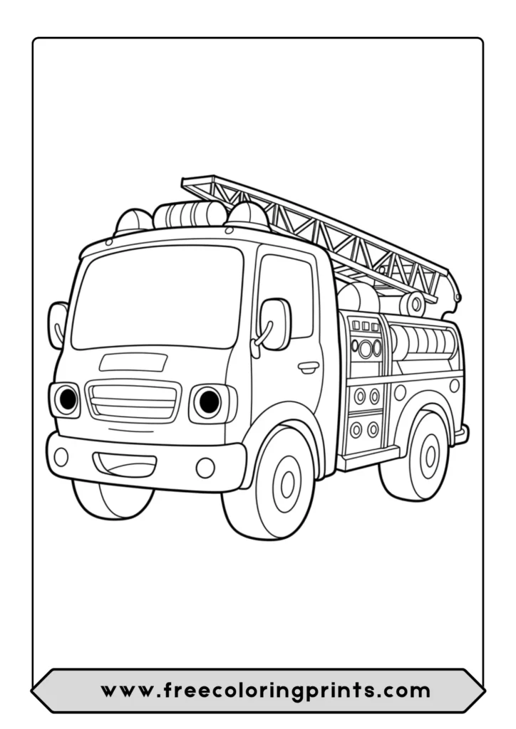 A simple and friendly cartoon fire truck coloring page for young kids