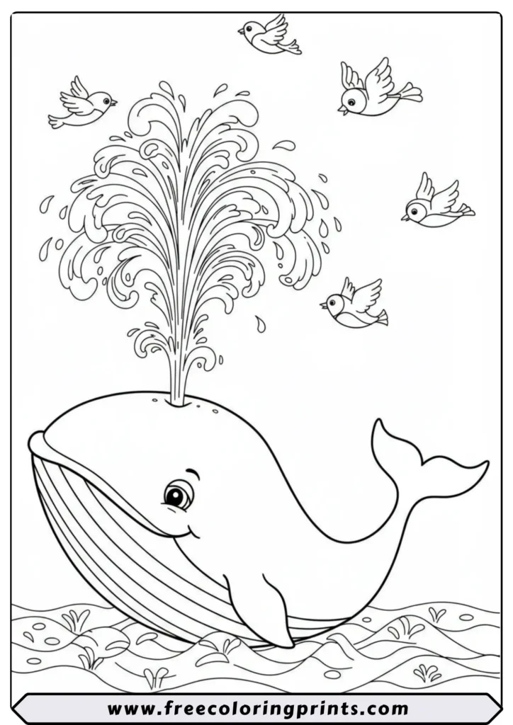 A large, friendly whale spouting a huge fountain of water from its blowhole, with birds flying in the spray. A fun ocean coloring page to print