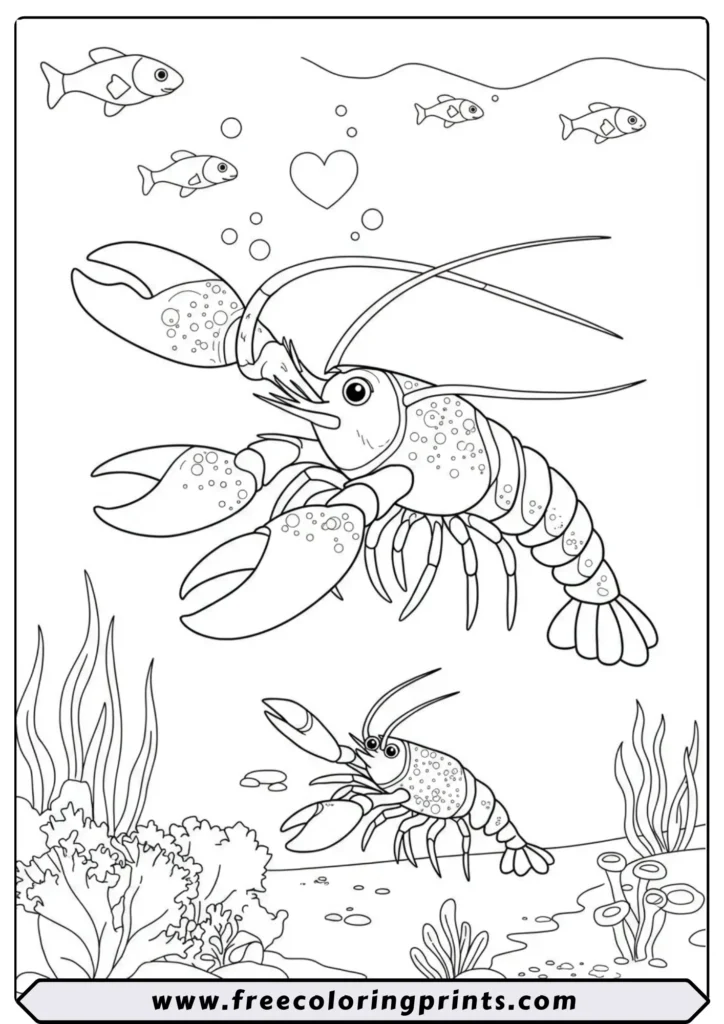 A large parent lobster and a small baby lobster on the ocean floor. A heartwarming sea animals coloring page