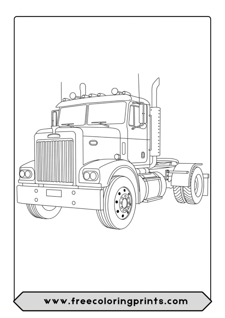A detailed coloring page focusing on the tractor cab of a classic semi truck