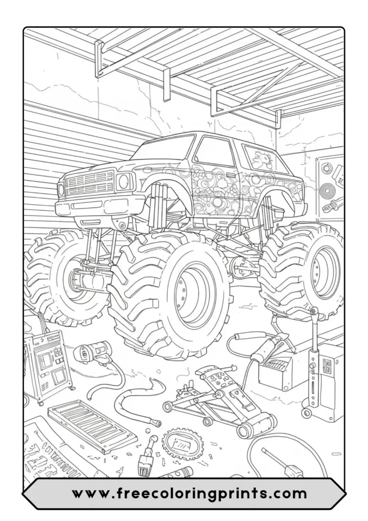 A detailed coloring page for adults showing a monster truck in a garage with tools