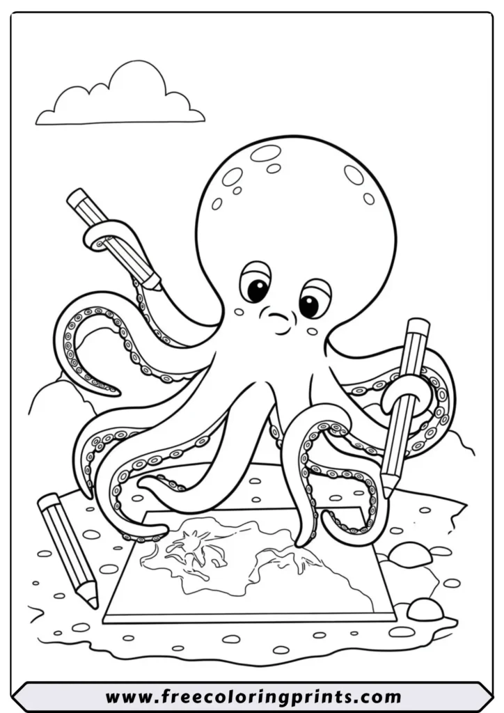 A cartoon octopus holding colored pencils and drawing a map on the sand. A creative sea animals coloring page