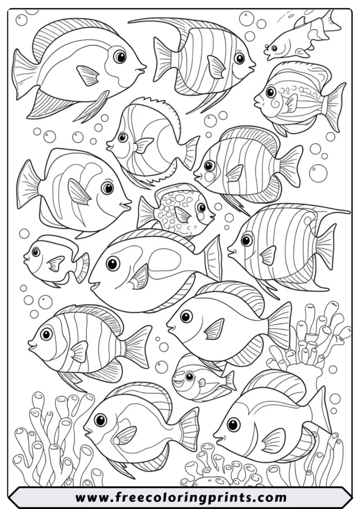 A detailed drawing of a large school of different tropical fish swimming together. A fun ocean scene coloring page