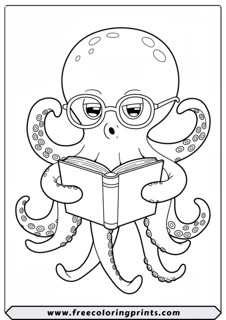 A smart octopus with glasses reading a book with its tentacles. A funny and cute sea creatures coloring page