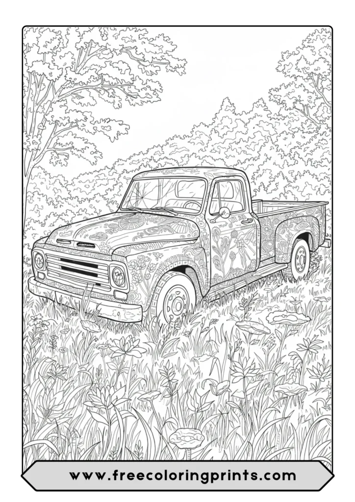 A detailed coloring page for adults of a rusty, abandoned pickup truck in an overgrown field