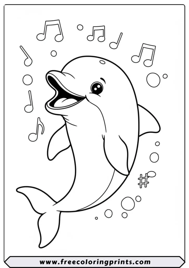 A happy cartoon dolphin singing with musical notes floating around it. A whimsical ocean coloring picture for kids