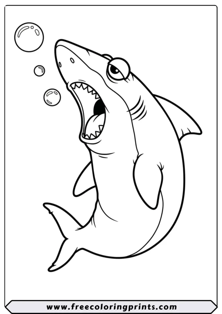 A big cartoon shark yawning with bubbles coming out of its mouth. A sleepy coloring page of ocean animals
