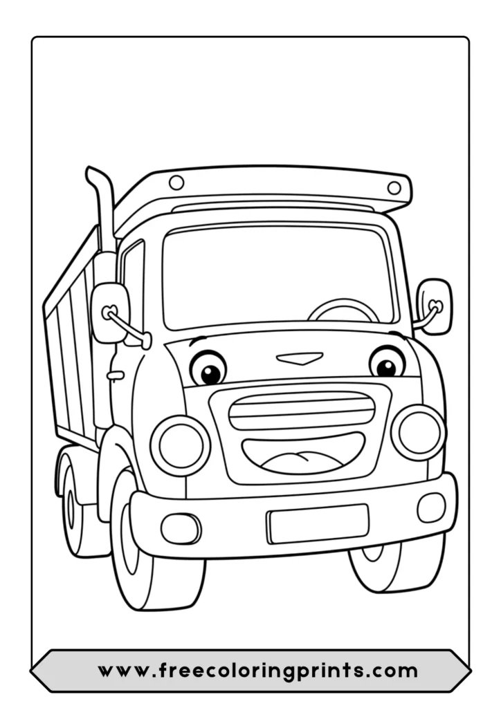 A cute dump truck coloring page with a big smiling face