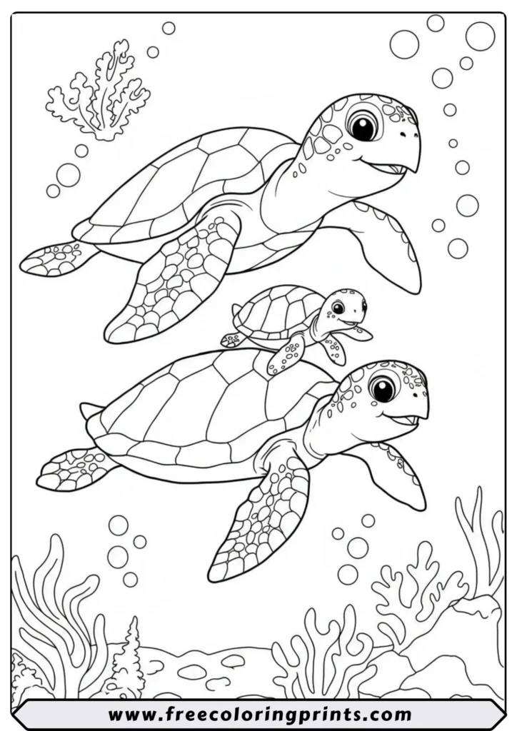 A family of three sea turtles swimming together underwater. A heartwarming printable sea creatures coloring page
