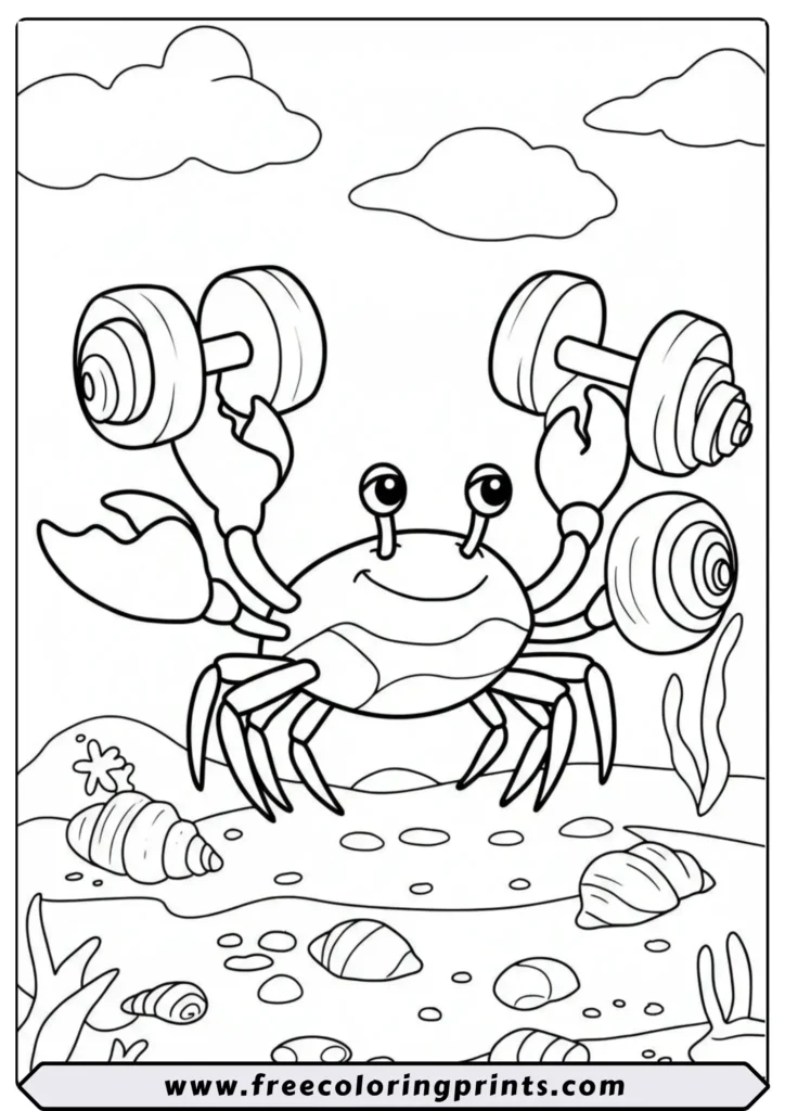 A funny cartoon crab lifting two seashells like dumbbells on a beach. A silly and fun sea animals coloring page