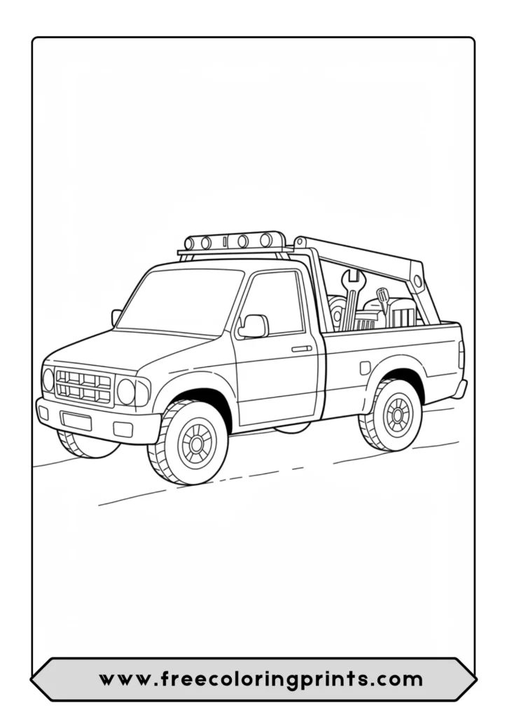 A coloring page of a utility work truck with a crane and toolboxes