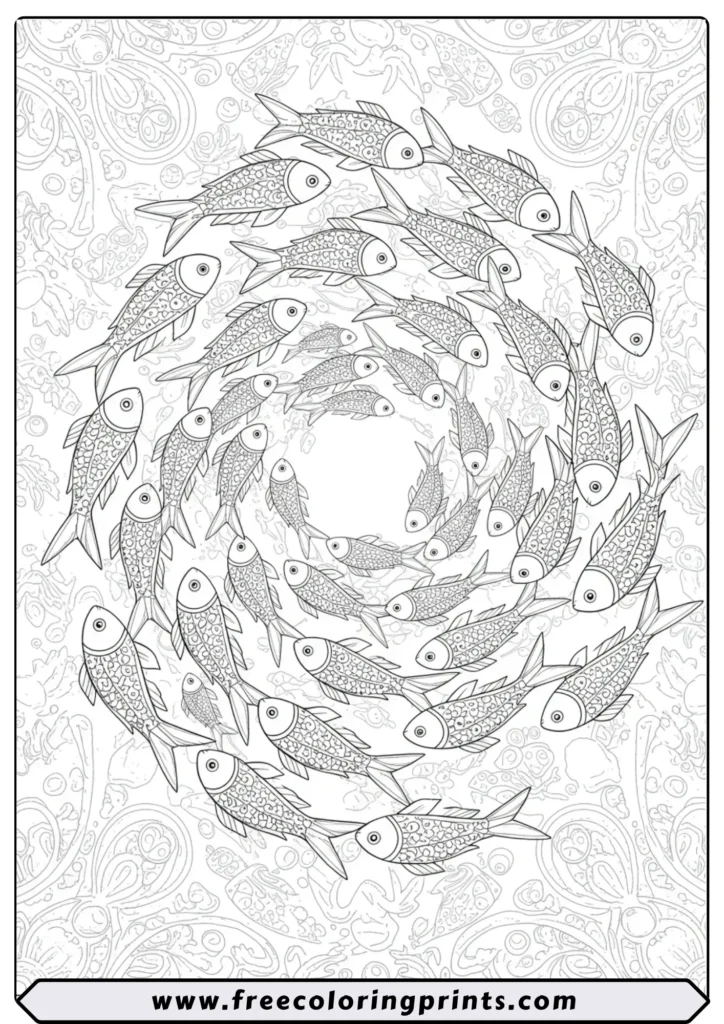 An intricate mandala pattern made from a swirling school of tropical fish. A detailed sea life coloring page for adults