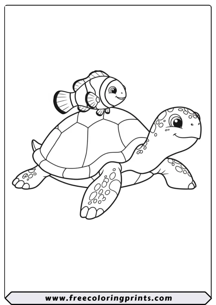 A funny cartoon of a small clownfish riding on the back of a large sea turtle. One of our many cute sea animals coloring pages