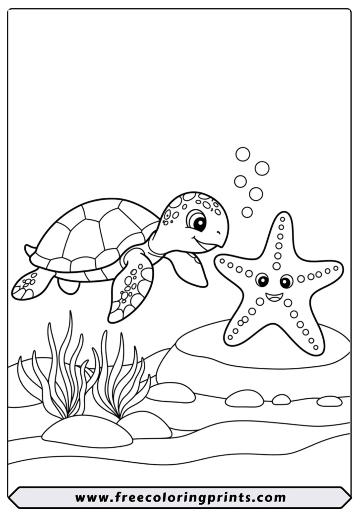 A cute sea turtle and a smiling starfish looking at each other on the ocean floor. A fun ocean animal coloring page