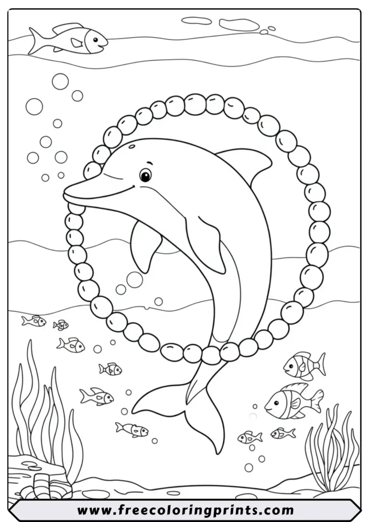 A clever dolphin swimming through a perfect ring of bubbles underwater. A fun sea creature coloring page for kids