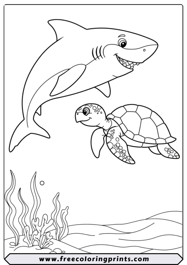 A large, smiling shark and a calm sea turtle swimming together as friends. An underwater coloring page showing animal friendship