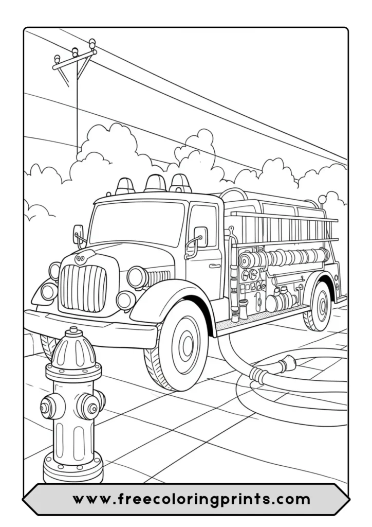 A detailed coloring page of a vintage fire engine connected to a fire hydrant
