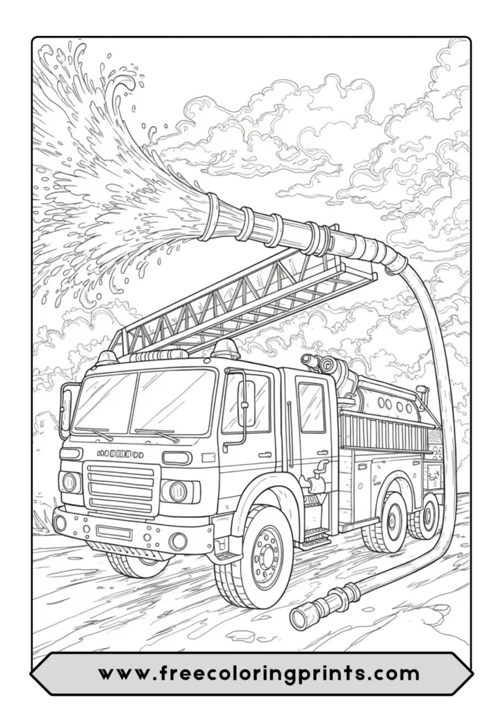 A detailed coloring page for adults of a fire truck spraying a powerful jet of water