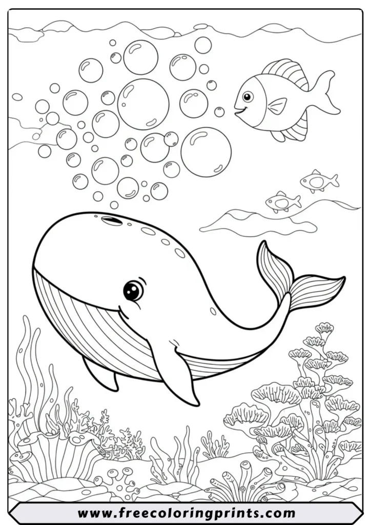 A cute cartoon whale blowing perfect, large bubble rings underwater. A whimsical sea coloring page for children