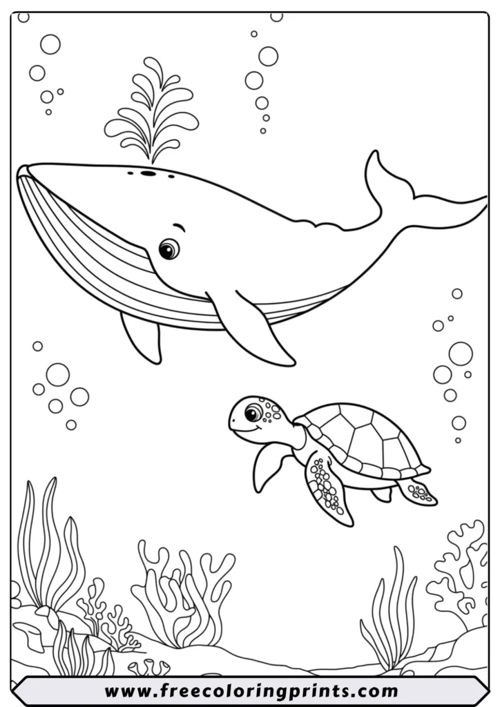 A giant whale and a smaller sea turtle swimming together underwater. This coloring page of sea animals shows an unlikely friendship