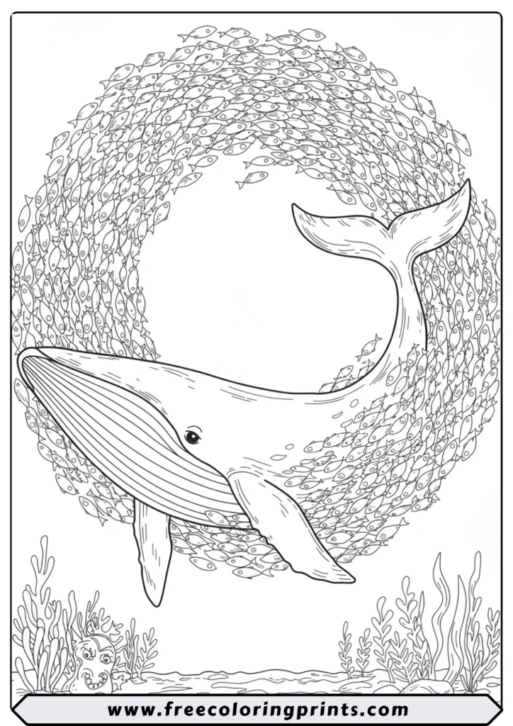 A huge whale surrounded by a massive, swirling school of tiny fish. A detailed marine life coloring page