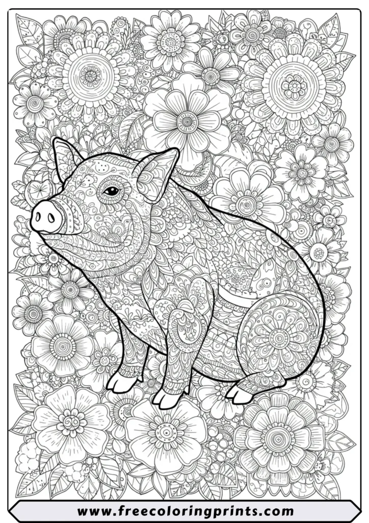 Zen Pig in Floral Harmony - coloring pages