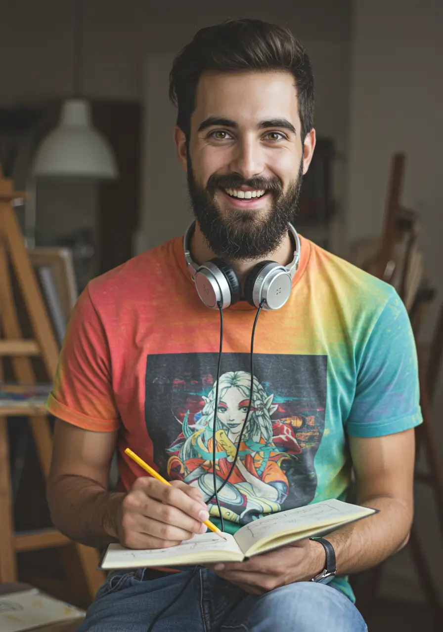 Alex Chen, lead illustrator for FreeColoringPrints.com, smiling while sketching new coloring page designs.