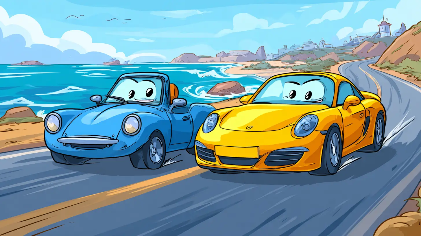 A vibrant illustration of a happy yellow sports car and a classic blue car racing on a sunny coastal road, representing our collection of fun car coloring pages.