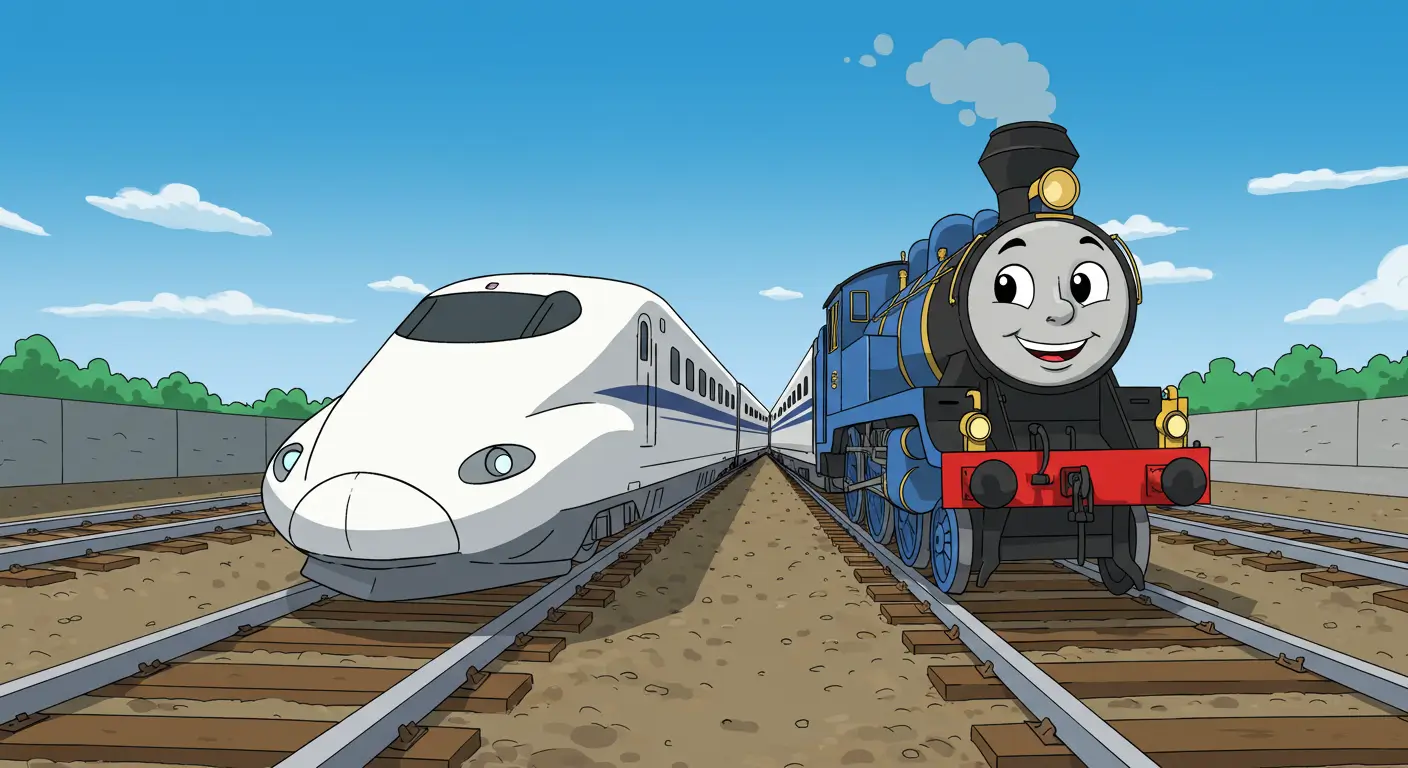 A friendly blue steam train and a sleek modern bullet train side-by-side, representing the variety in our collection of train coloring pages.