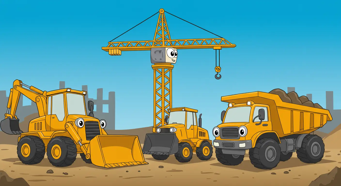 A cheerful team of cartoon construction vehicles—an excavator, bulldozer, crane, and dump truck—working together, representing our full collection of construction vehicle coloring pages.