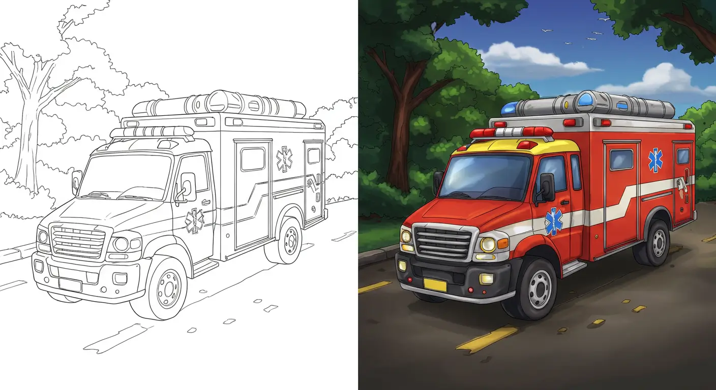 A detailed ambulance from our collection of printable emergency vehicle coloring pages